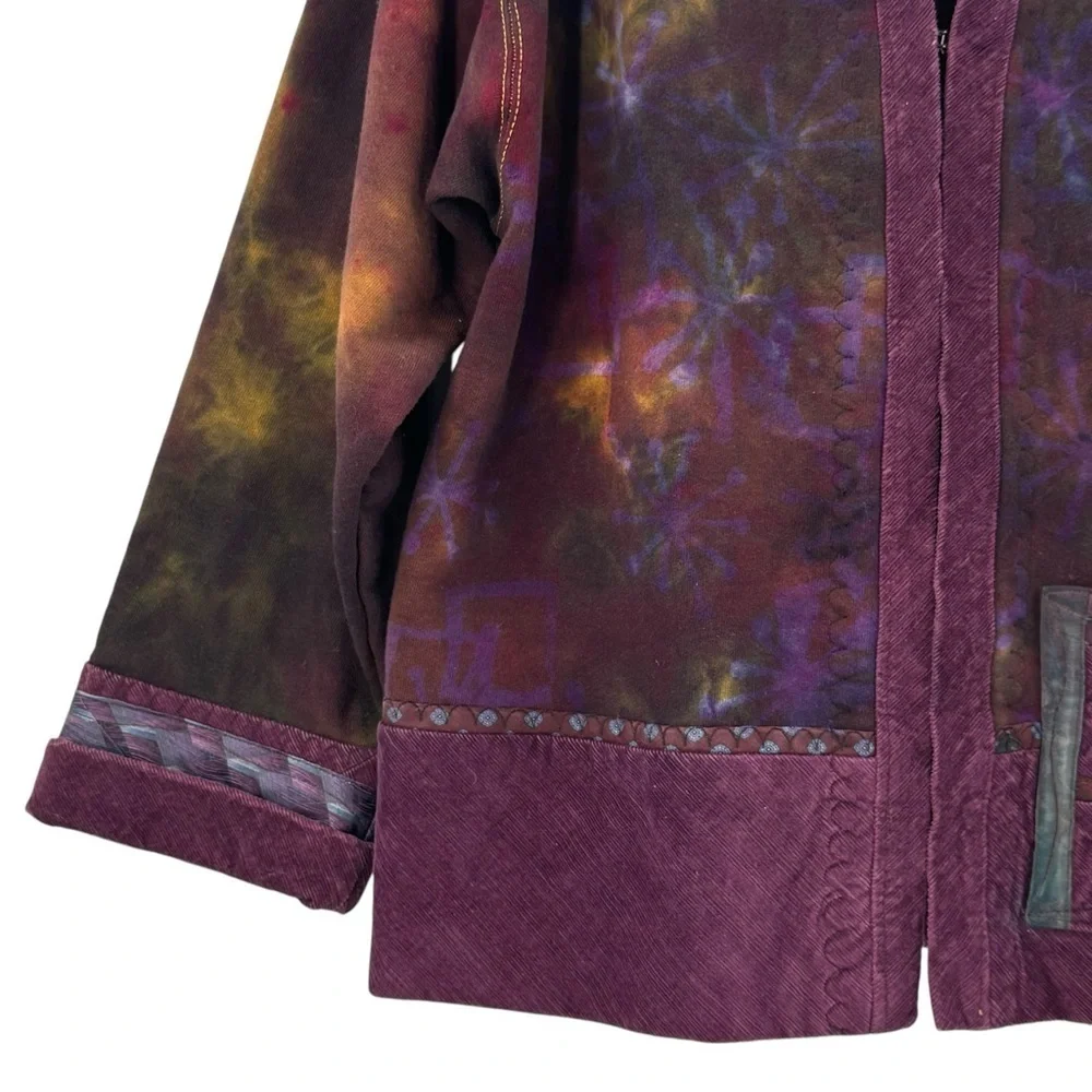 Handmade Tie Dye Lagenlook Cardigan Sweatshirt Kimono Jacket Cord Trim | XL/XXL